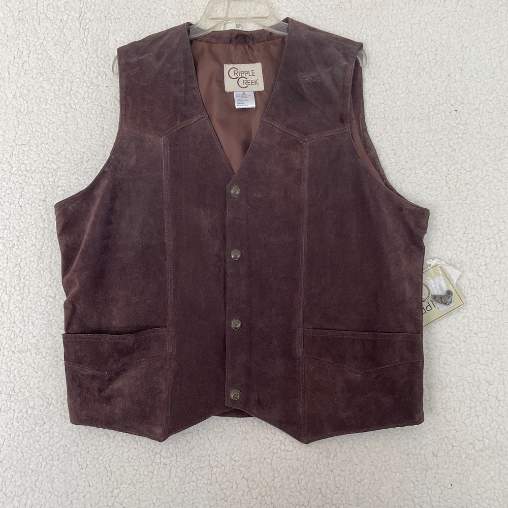 Cripple Creek Men's XL Dark Brown Suede Leather Snap Front Vest NWT